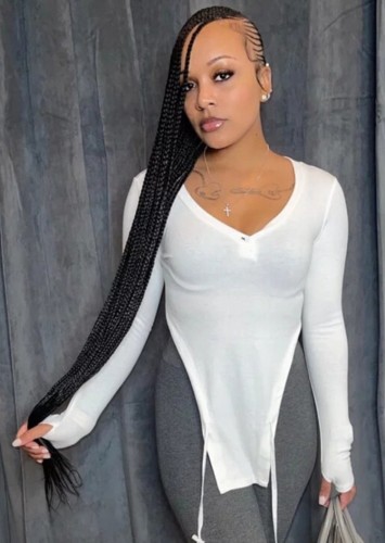 White Long Sleeves O-Neck Irregular Tight Top with Half Gloves