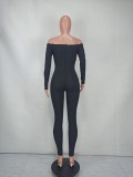 Casual Black Ribbed Off Shoulder Long Sleeve Bodycon Jumpsuit
