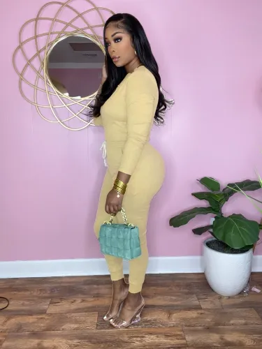 Khaki Drawstrings V-Neck Long Sleeve Modest Tunic Jumpsuit