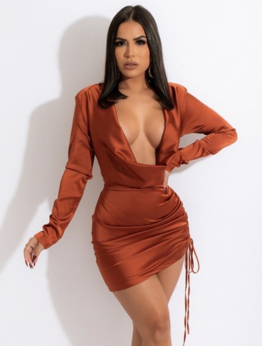 Brown Silk Plunge Neck Long Sleeve Draw Cord Ruched Slinky Mini Dress