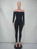 Casual Black Ribbed Off Shoulder Long Sleeve Bodycon Jumpsuit