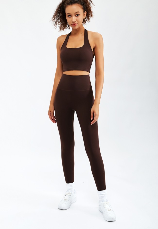 Brown Tight Tank Crop Top and High Waist Pants 2PCS Set
