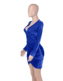 Blue Velvet V-Neck Long Sleeve Ruched Irregular Mini Dress