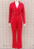 Red V-Neck Turndown Collar Long Sleeve Blazer Jumpsuit