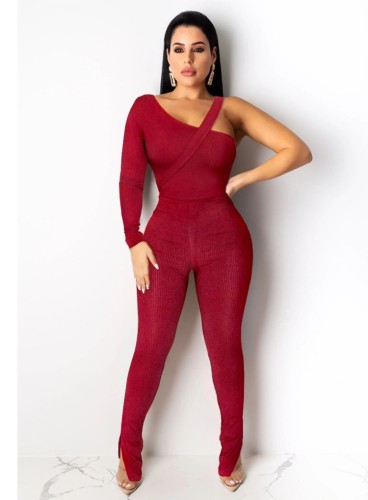 Red Single Long Sleeve Irregular Bodysuit and Pants 2PCS Set