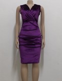 Purple Velvet V-Neck Sleeveless Scrunch Midi Office Dress