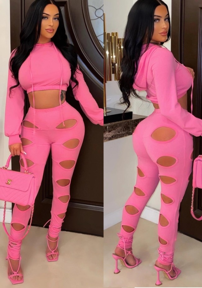 Rose Long Sleeves Hoody Crop Top and Hollow Out Pants 2PCS Set