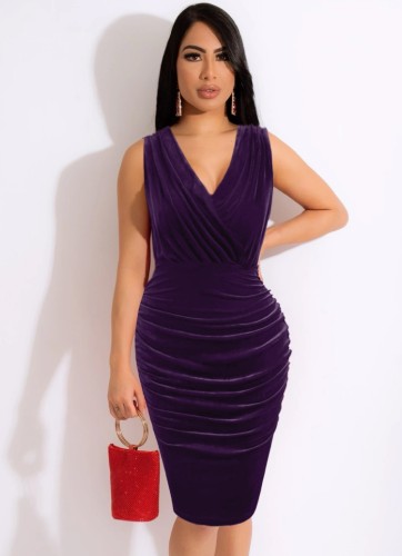 Purple Velvet V-Neck Sleeveless Scrunch Midi Office Dress