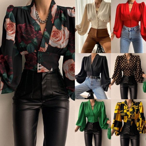 Print V-Neck Puffed Long Sleeve Button Up Tight Waist Shirt