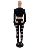 Black Long Sleeves Hoody Crop Top and Hollow Out Pants 2PCS Set