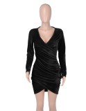 Black Velvet V-Neck Long Sleeve Ruched Irregular Mini Dress