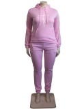 Plus Size Pink Print Long Sleeves Drawstring Hoody Top and Pants 2PCS Set