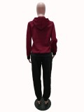 Plus Size Red Drawstring Hoody Top and Black Pants 2PCS Tracksuit