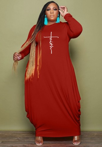 Plus Size Red Print O-Neck Long Sleeve Loose Maxi Dress