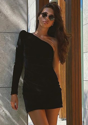 Black Velvet One Shoulder Single Long Sleeve Slinky Mini Dress
