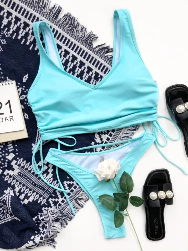 Blue Ruched Strings High Cut Tank Bikini 2PCS Set