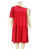 Plus Size Red Oblique Shoulder Short Sleeve Loose Midi Dress