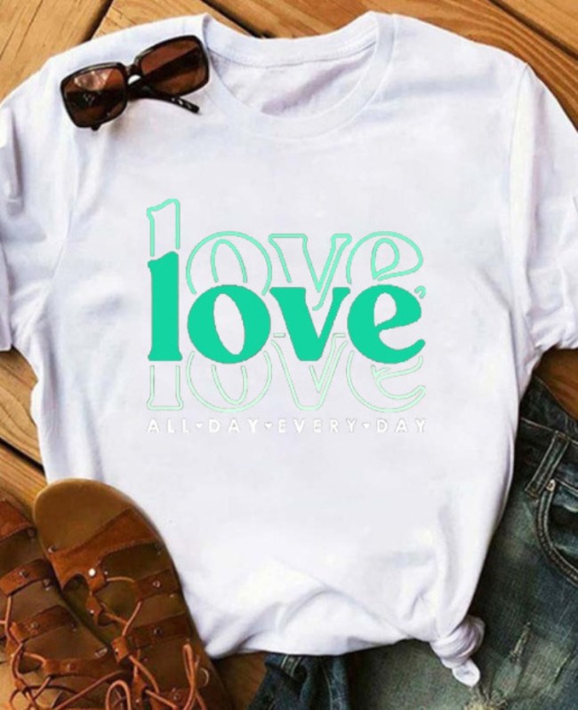 Green Letter Print White O-Neck Short Sleeve T-shirt