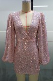 Sequins Pink Deep-V Puff Sleeve Mini Dress