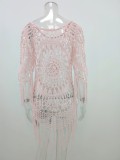 Pink Knitted Fishnet O-Neck Tassel Beach Dress