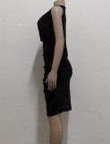 Black Velvet V-Neck Sleeveless Scrunch Midi Office Dress
