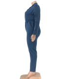 Plus Size Blue V-Neck Turndown Collar Long Sleeve Denim Jeans Jumpsuit