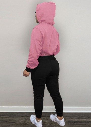 Plus Size Pink Drawstring Hoody Top and Black Pants 2PCS Tracksuit