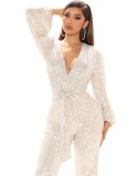White Sequins V-Neck Puff Long Sleeve Club Jumpsuit with Belt