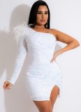 White Sequins One Shoulder Single Sleeve Slit Slinky Mini Dress