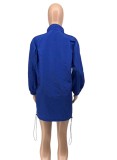 Blue Windproof Zipper Up Long Sleeve Loose Mini Shirt Dress