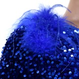 Blue Sequins One Shoulder Single Sleeve Slit Slinky Mini Dress