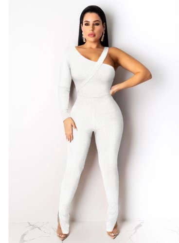 White Single Long Sleeve Irregular Bodysuit and Pants 2PCS Set