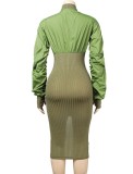 Green Stand Collar Ruched Long Sleeve Zip Up Slit Tight Midi Dress