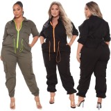 Plus Size Green Drawstrings Zip Up Half Sleeve Cargo Jumpsuit with Pocket