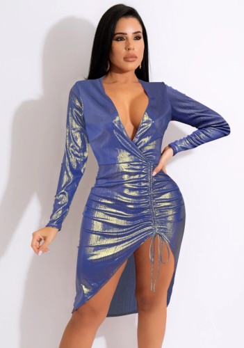 Shiny Blue Metallic V-Neck Long Sleeve Ruched Strings Midi Dress
