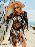 Black Knitted Fishnet O-Neck Tassel Beach Dress