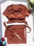 Brown Cami Halter Bikini and Short Sleeve Crop Top with Tie Mini Skirt 4PCS Set