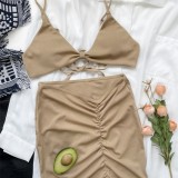 Khaki Cami Bra Bikini and Ruched Skirt 3PCS Set