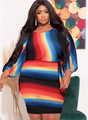 Plus Size Colorful Stripes Long Sleeve Open Back Ruched Dress with Belt