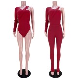 Red Single Long Sleeve Irregular Bodysuit and Pants 2PCS Set