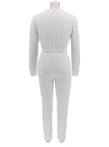 White Drawstrings V-Neck Long Sleeve Modest Tunic Jumpsuit