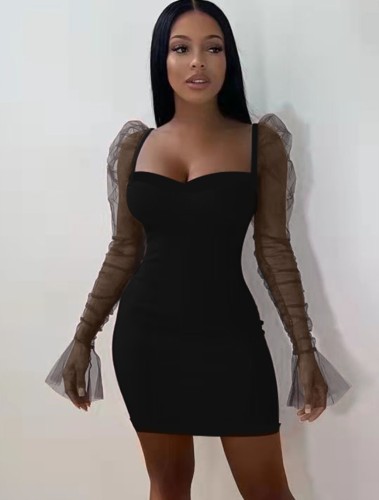 Black Sweetheart Collar Ruched Mesh Flare Long Sleeve Fitted Mini Dress