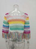 Rainbow Crochet O-Neck Half Sleeve Tassel Crop Top