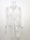 White Knitted Fishnet Long Sleeves Beach Cover-Up with Belt