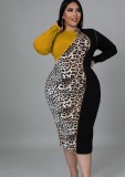 Plus Size Leopard Patch Contrast Color O-Neck Long Sleeve Midi Dress