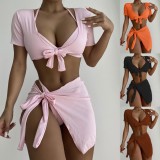 Brown Cami Halter Bikini and Short Sleeve Crop Top with Tie Mini Skirt 4PCS Set