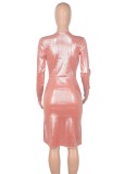 Shiny Pink Metallic V-Neck Long Sleeve Ruched Strings Midi Dress