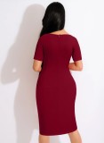 Wine Red O-Neck Short Sleeve Scrunch Ruffled Slinky Midi Dress