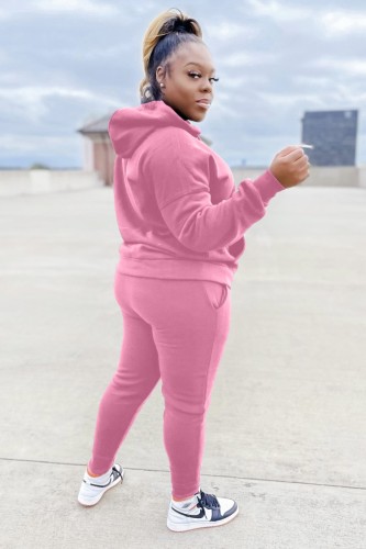 Plus Size Pink Print Long Sleeves Drawstring Hoody Top and Pants 2PCS Set