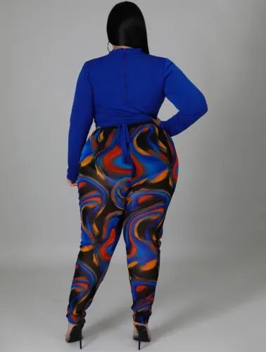 Plus Size Blue Turtleneck Long Sleeves Crop Top and Print Pants 2PCS Set